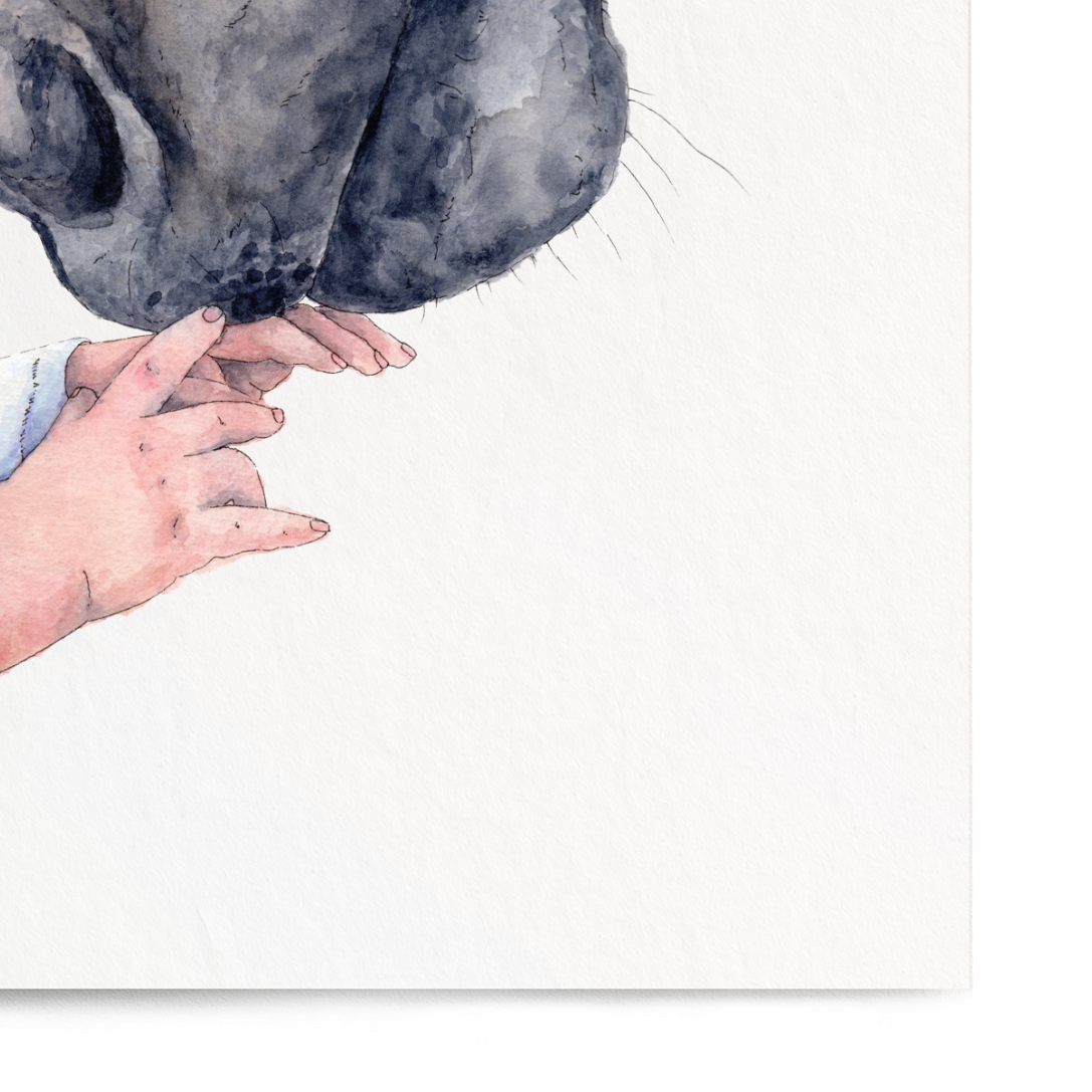 A vertical watercolor art print featuring a dark gray rabbit head with its nose resting on a person's hand, with the person's sleeve in light blue. The print is displayed against a clean white background.