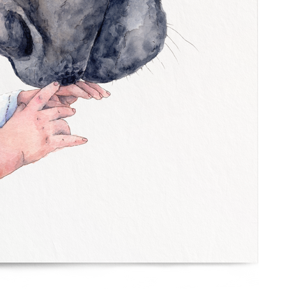 A vertical watercolor art print featuring a dark gray rabbit head with its nose resting on a person's hand, with the person's sleeve in light blue. The print is displayed against a clean white background.