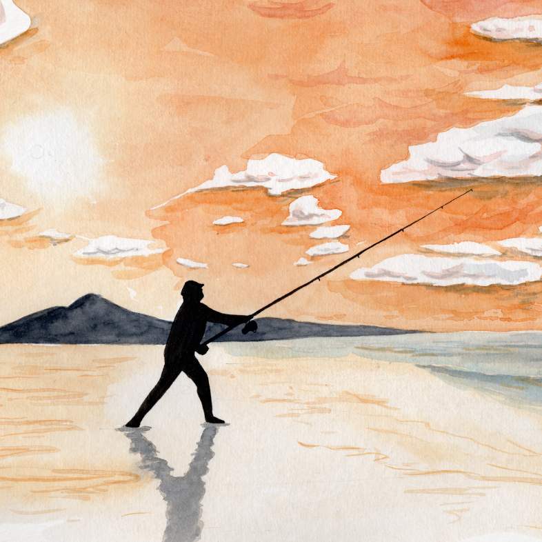 Artistic depiction of a person fishing at sunset with watercolor effects on a white background