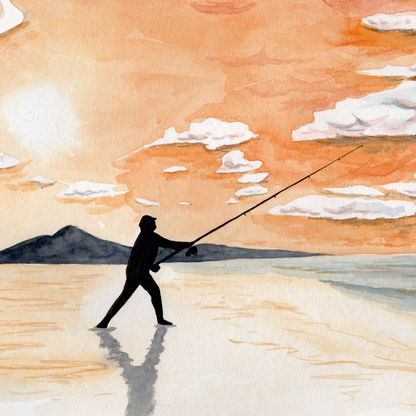 Artistic depiction of a person fishing at sunset with watercolor effects on a white background