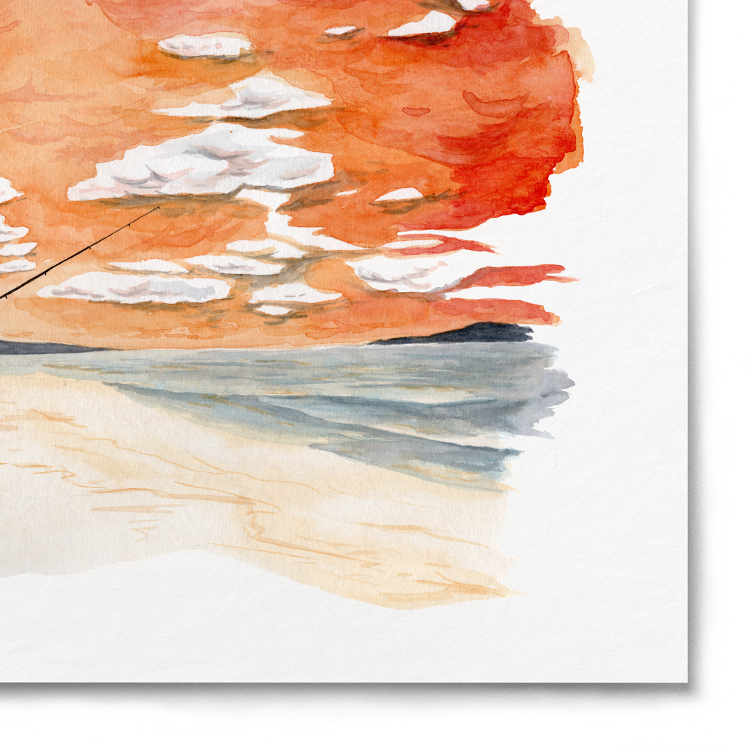 Art print of a sunset scene with a person fishing, on a white background