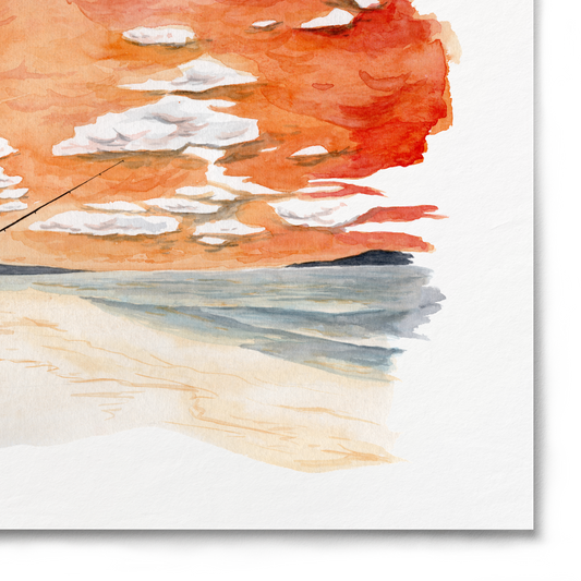 Art print of a sunset scene with a person fishing, on a white background