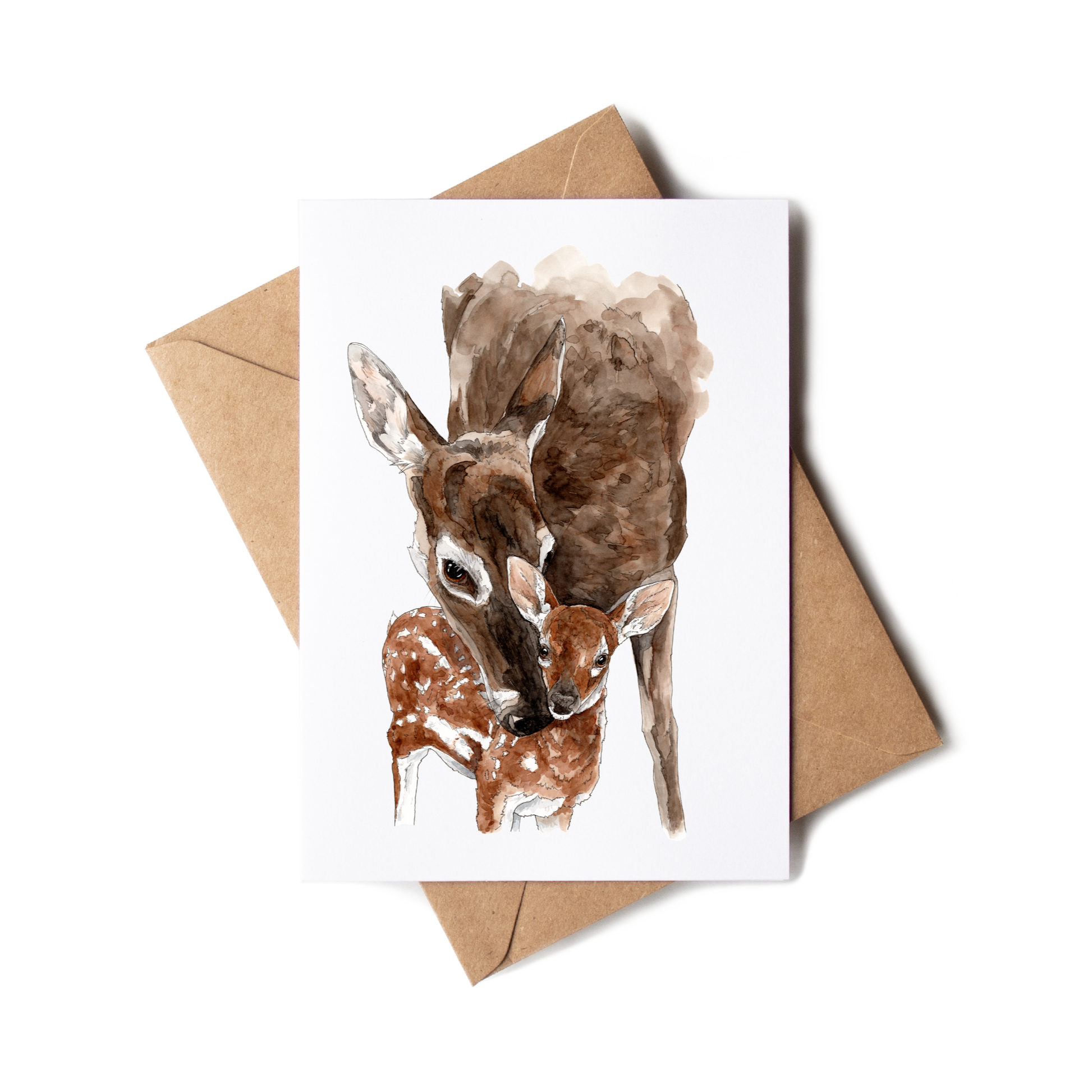 Greeting card with illustration of two deer and a brown envelope on a white background