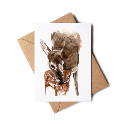 Greeting card with illustration of two deer and a brown envelope on a white background
