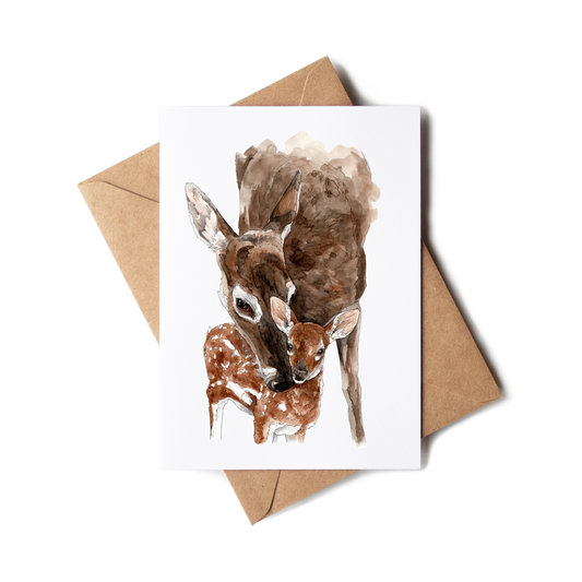 Greeting card with illustration of two deer and a brown envelope on a white background