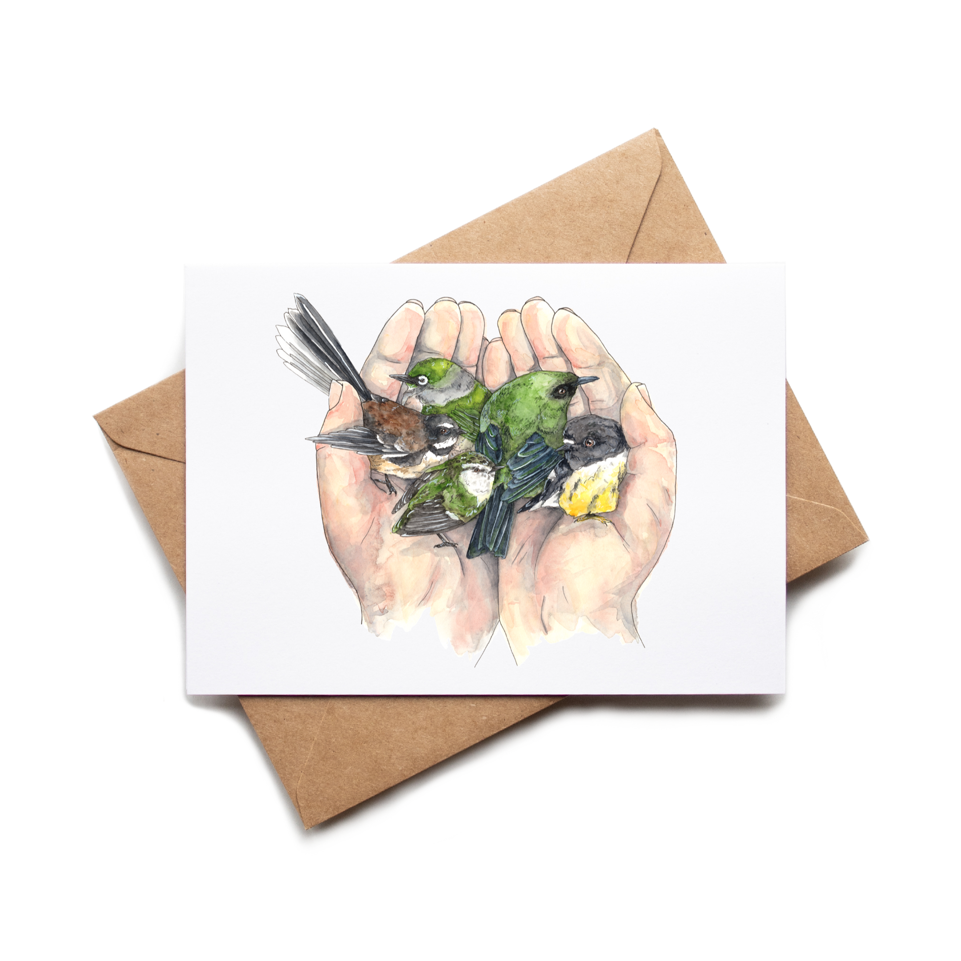 Card with illustration of hands holding birds on a white background with a brown envelope.