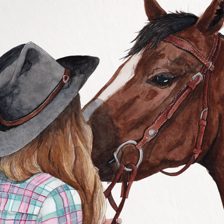 Illustration of a person in a hat and plaid shirt with a horse on a white background