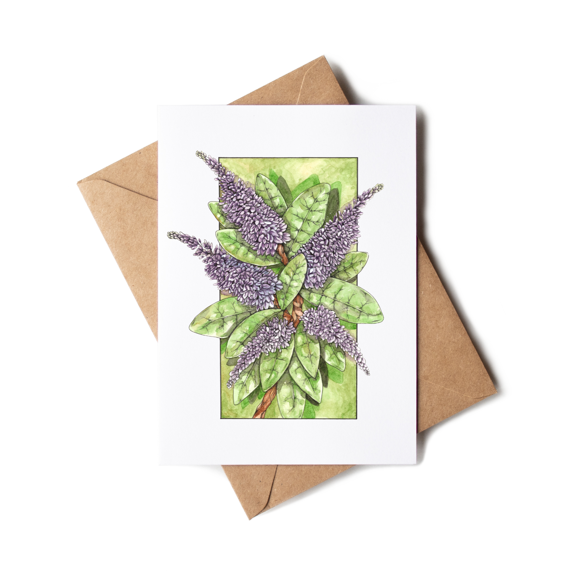 Greeting card with lavender design and brown envelope on white background