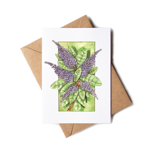 Greeting card with lavender design and brown envelope on white background
