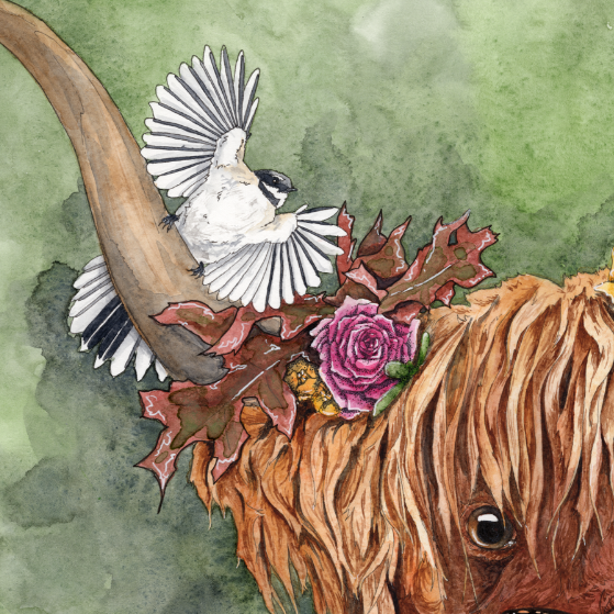 Illustration of a highland cow with floral decorations on a white background