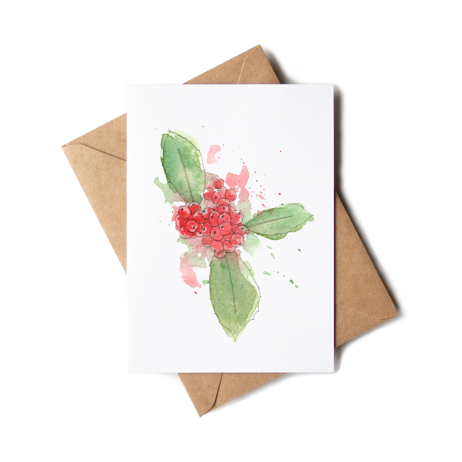 Greeting card with floral design and brown envelope on white background