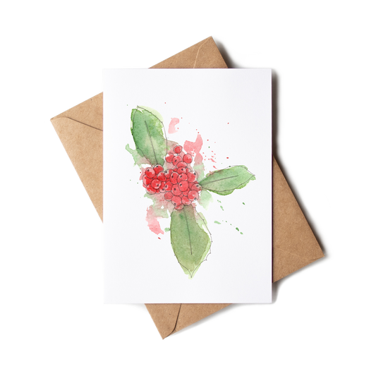 Greeting card with floral design and brown envelope on white background