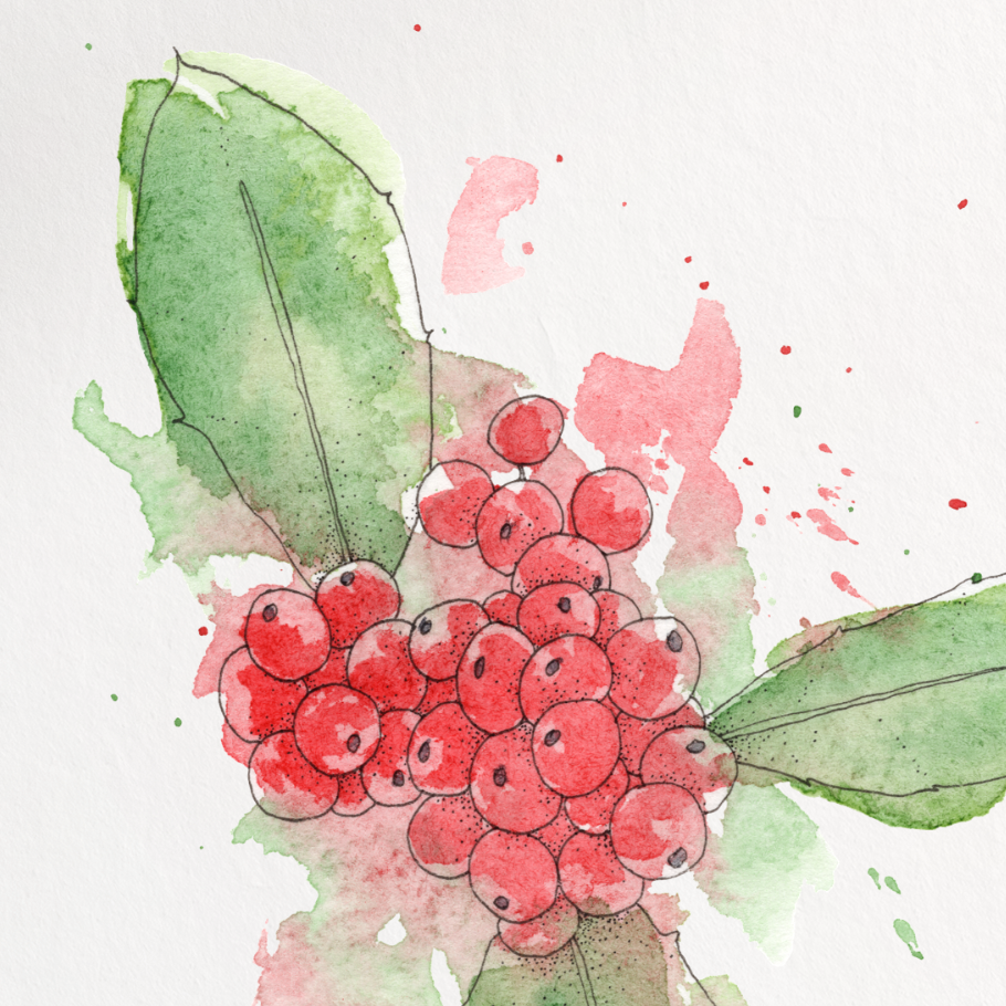 Art print of a floral design with red flowers and green leaves on a white background