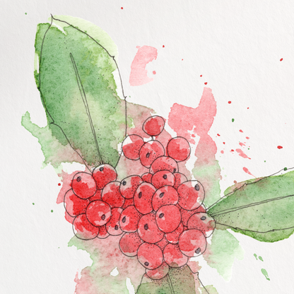 Art print of a floral design with red flowers and green leaves on a white background