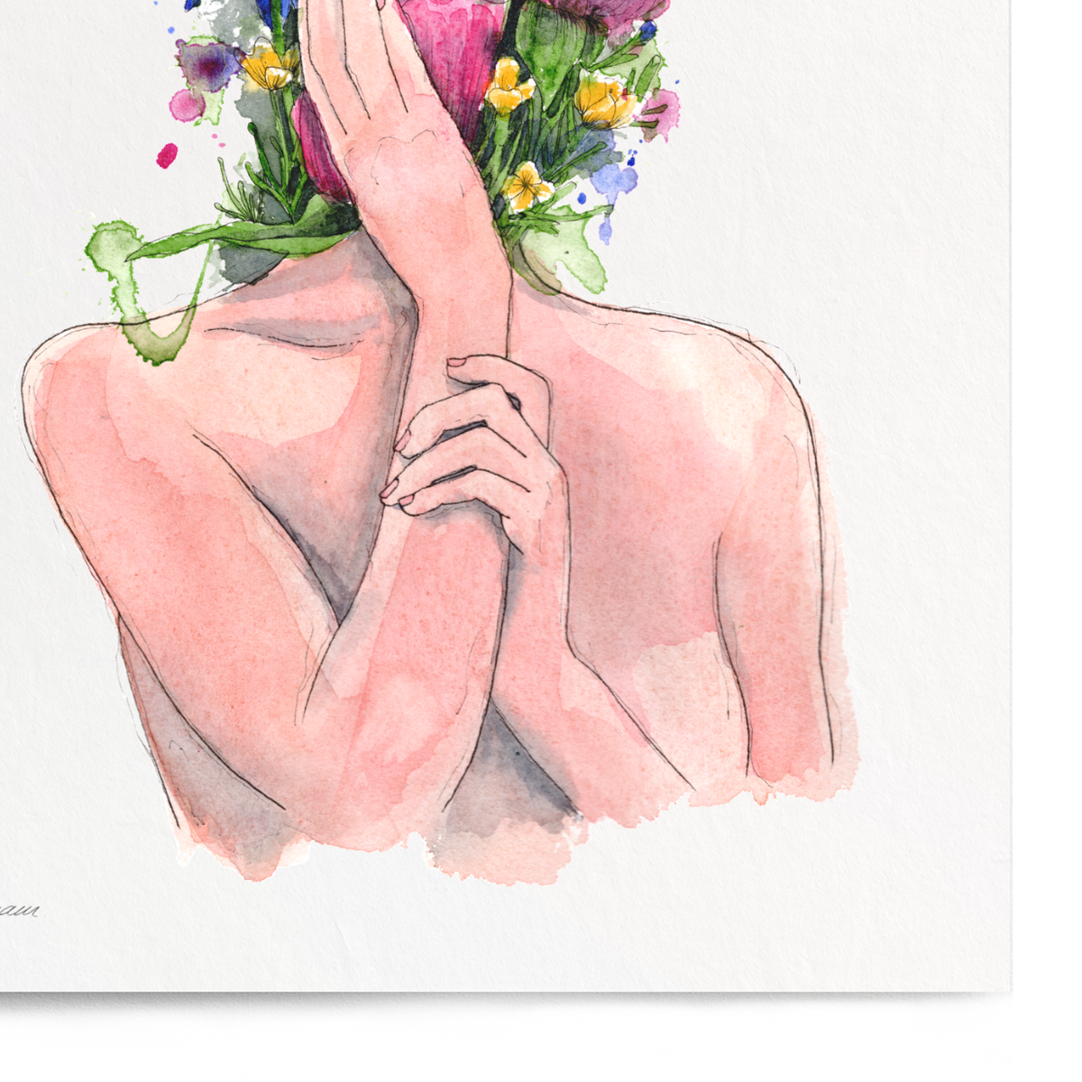 A vertical art print featuring a watercolor illustration of a woman's back and arms, with her head replaced by a bouquet of pink, yellow, and blue flowers, shown against a plain white background.