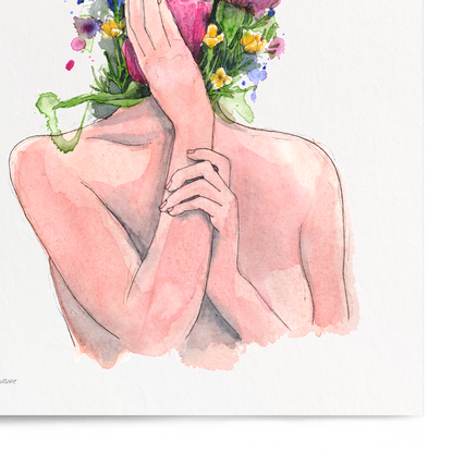 A vertical art print featuring a watercolor illustration of a woman's back and arms, with her head replaced by a bouquet of pink, yellow, and blue flowers, shown against a plain white background.