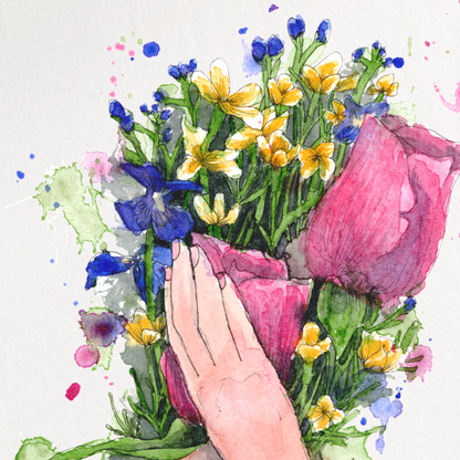 A vertical art print featuring a watercolor illustration of a woman's back and arms, with her head replaced by a bouquet of pink, yellow, and blue flowers, shown against a plain white background.