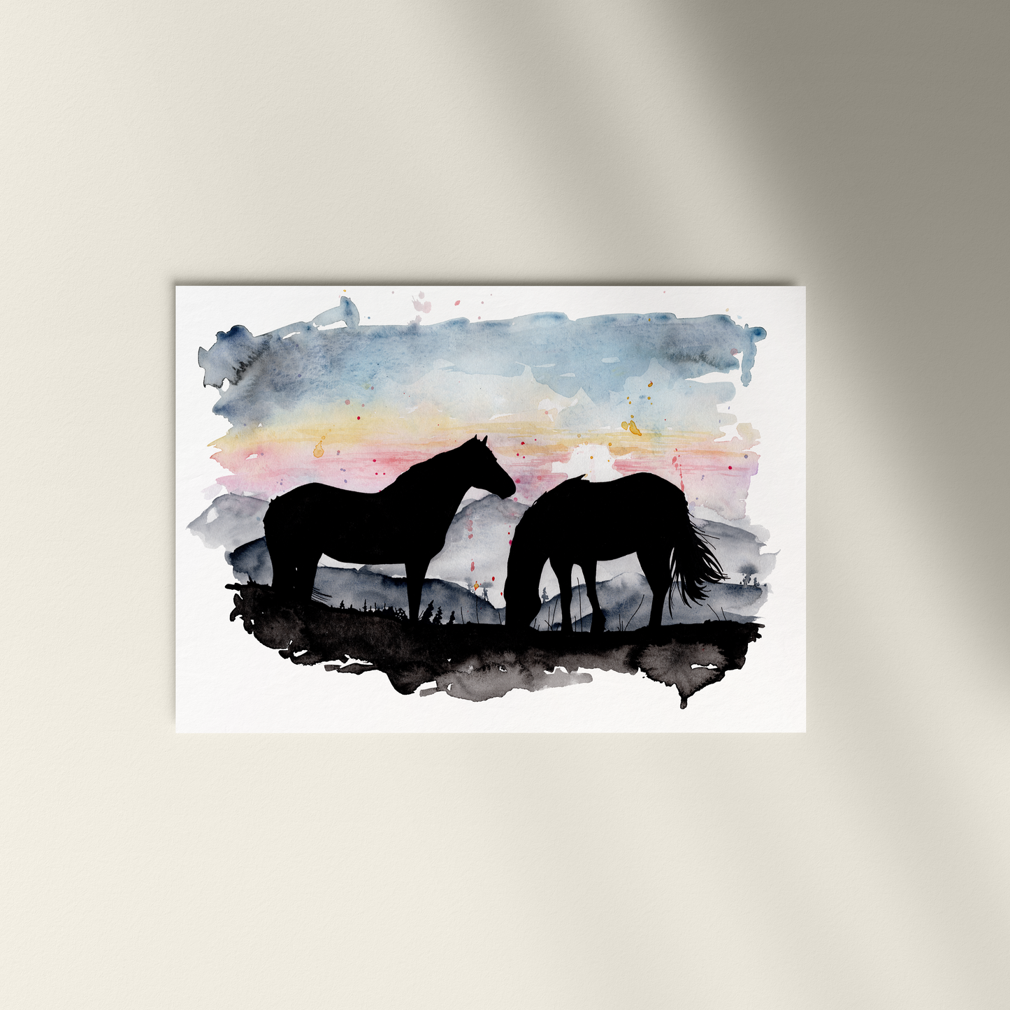 Abstract art print with black and gray shapes on a watercolor background