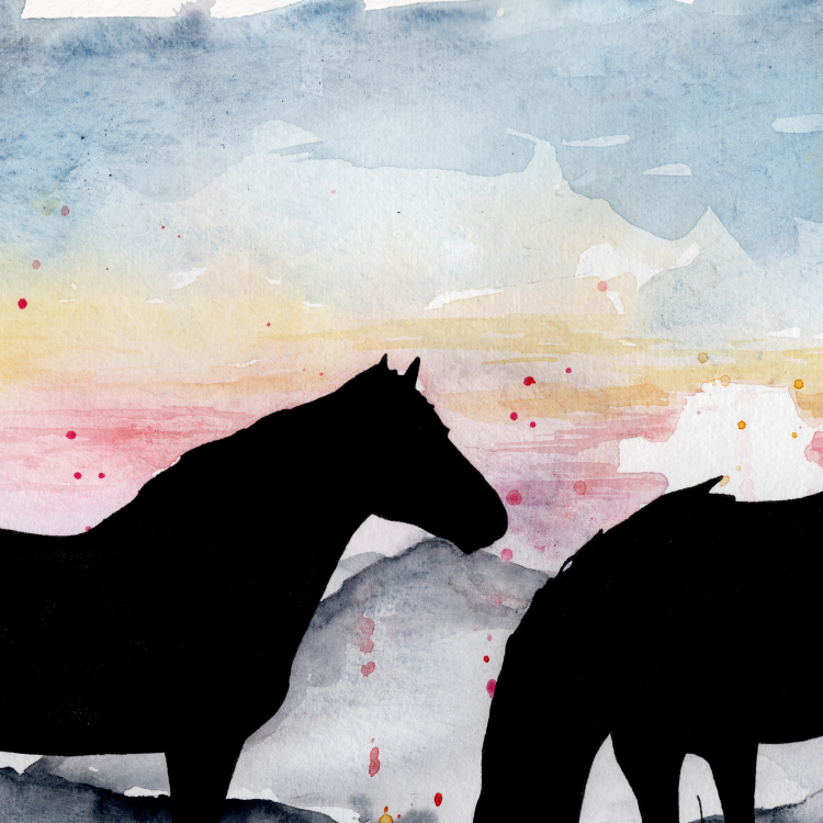 Silhouettes of two horses against a watercolor landscape with a sunset.