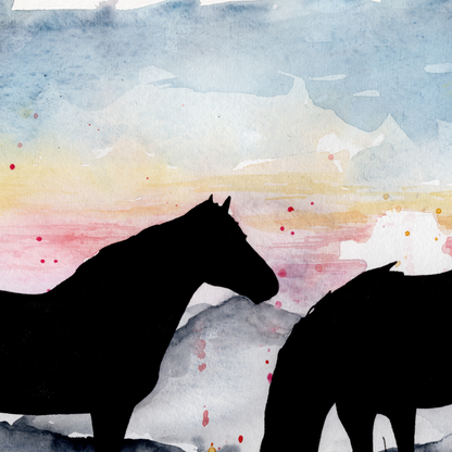Silhouettes of two horses against a watercolor landscape with a sunset.