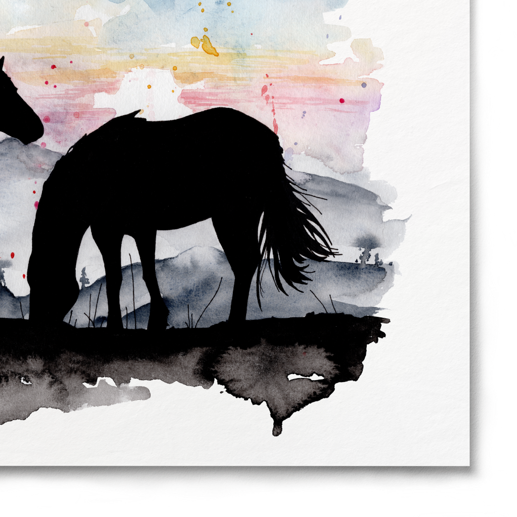 Silhouettes of two horses against a watercolor landscape with a sunset.