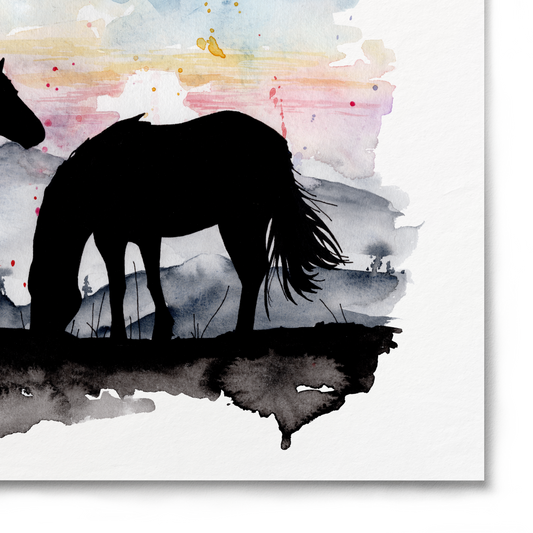 Silhouettes of two horses against a watercolor landscape with a sunset.