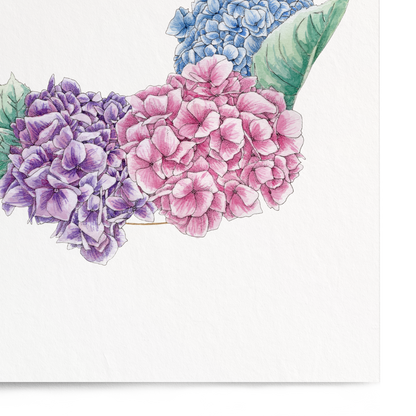 Floral design with hydrangeas and leaves on a white background