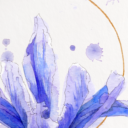 A vertical art print featuring a watercolor painting of a blue and purple iris flower with a thin gold circle behind it, centered on a white background.
