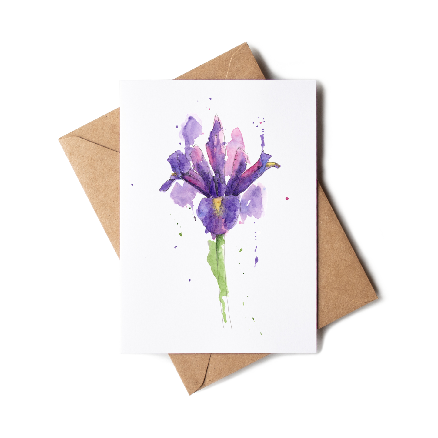 Greeting card with a purple flower illustration and a brown envelope on a white background