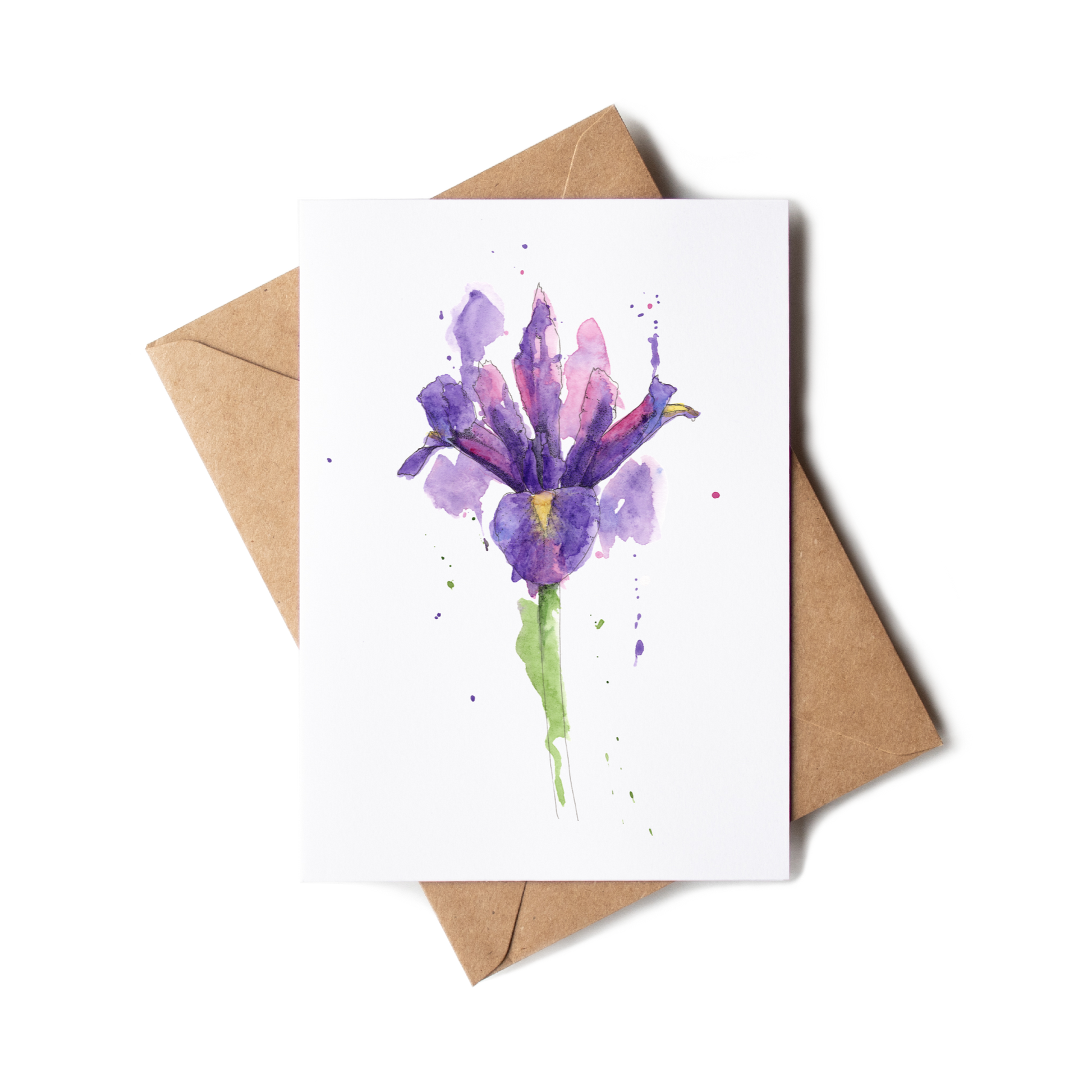 Greeting card with a purple flower illustration and a brown envelope on a white background