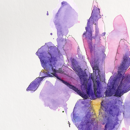 Watercolor painting of a purple flower on a white background