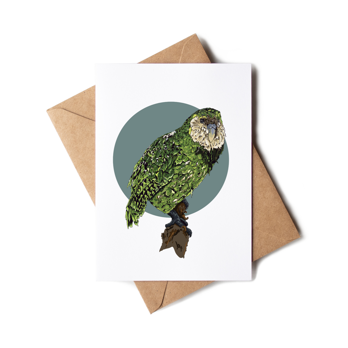 Greeting card with a green parrot illustration on a white background