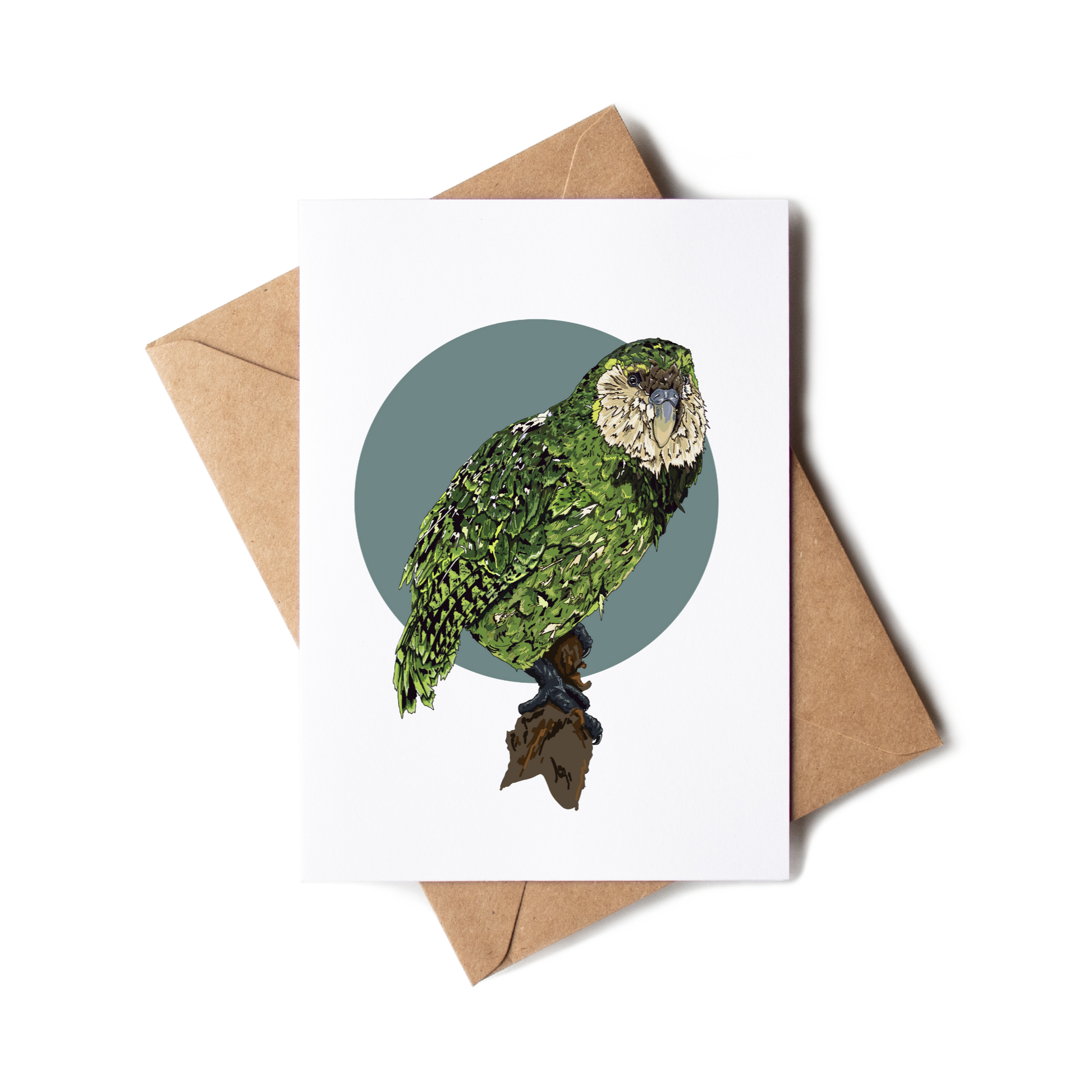 Greeting card with a green parrot illustration on a white background