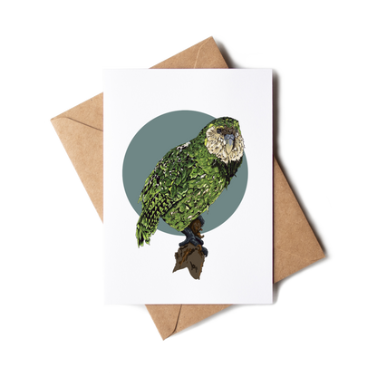 Greeting card with a green parrot illustration on a white background