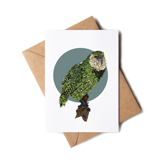 Greeting card with a green parrot illustration on a white background