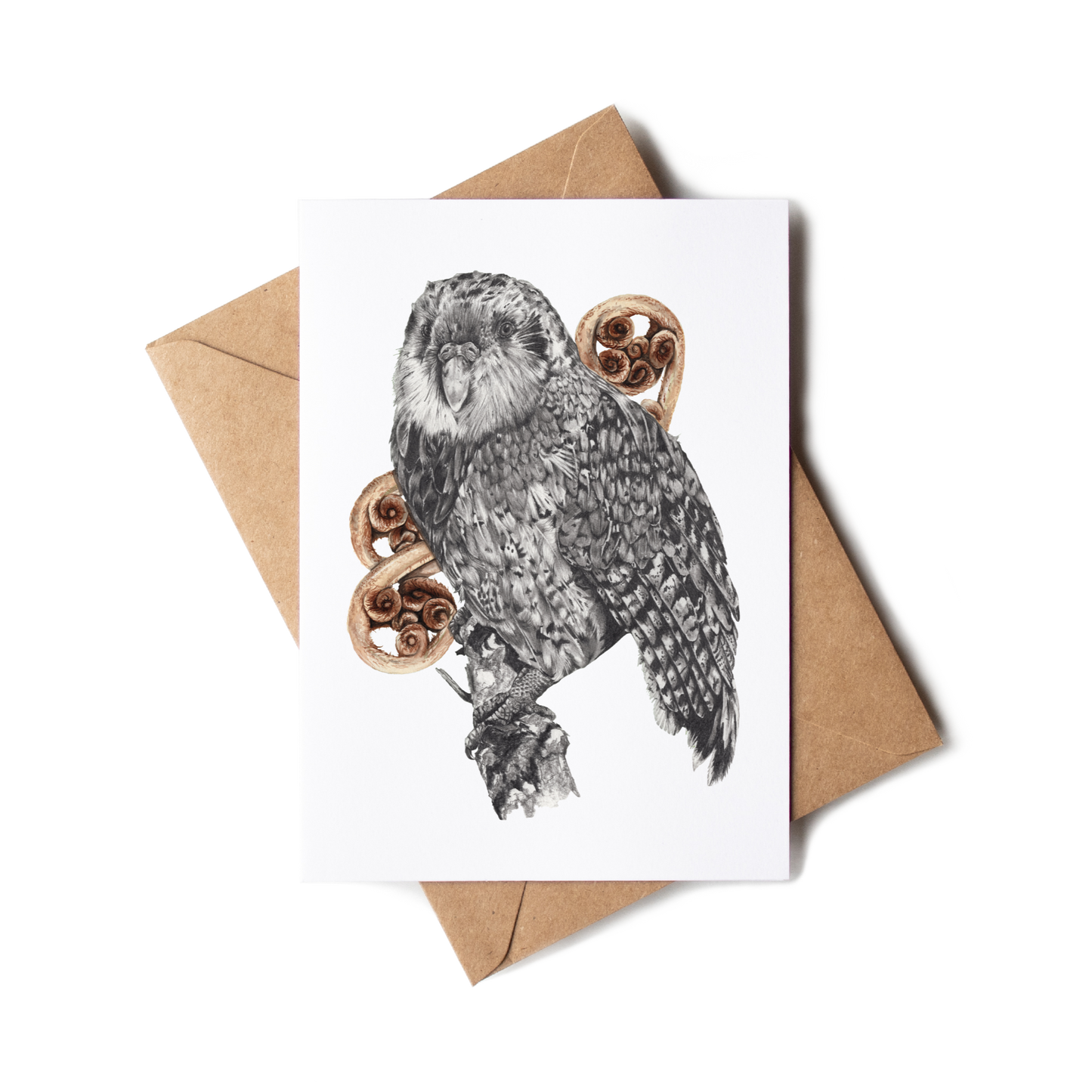 Greeting card with kakapo and fern illustration on a white background