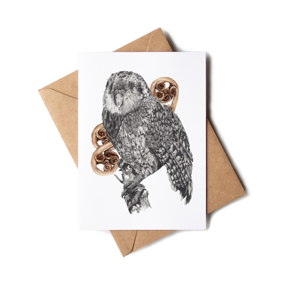 Greeting card with kakapo and fern illustration on a white background