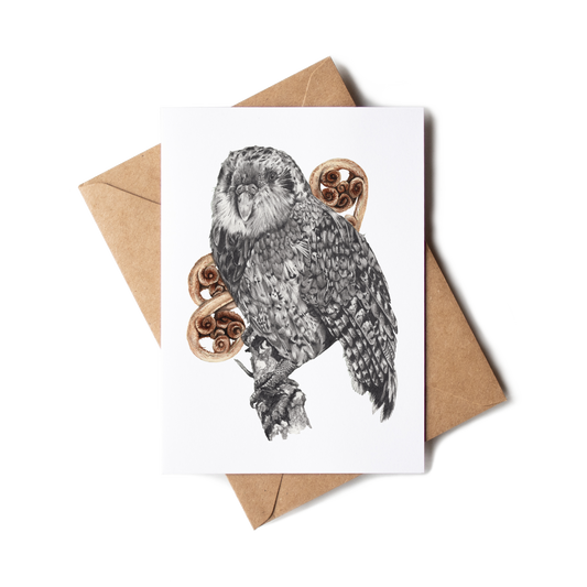 Greeting card with kakapo and fern illustration on a white background