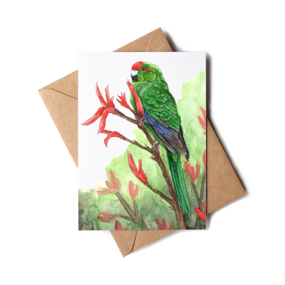 Greeting card with a parrot illustration on a brown envelope