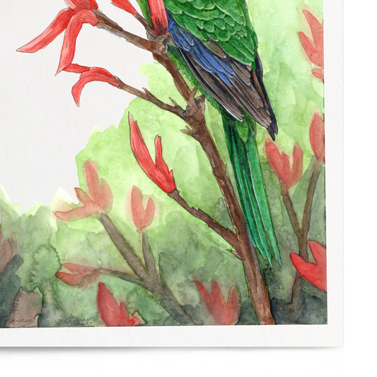 Framed artwork of a green parrot on red leaves with a white border