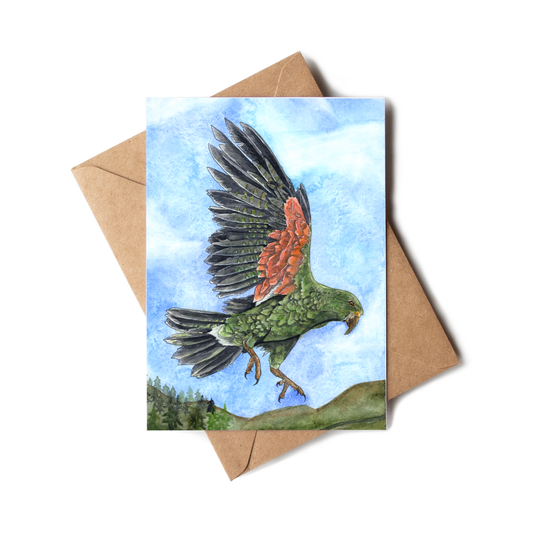 Greeting card with a parrot illustration on a brown envelope