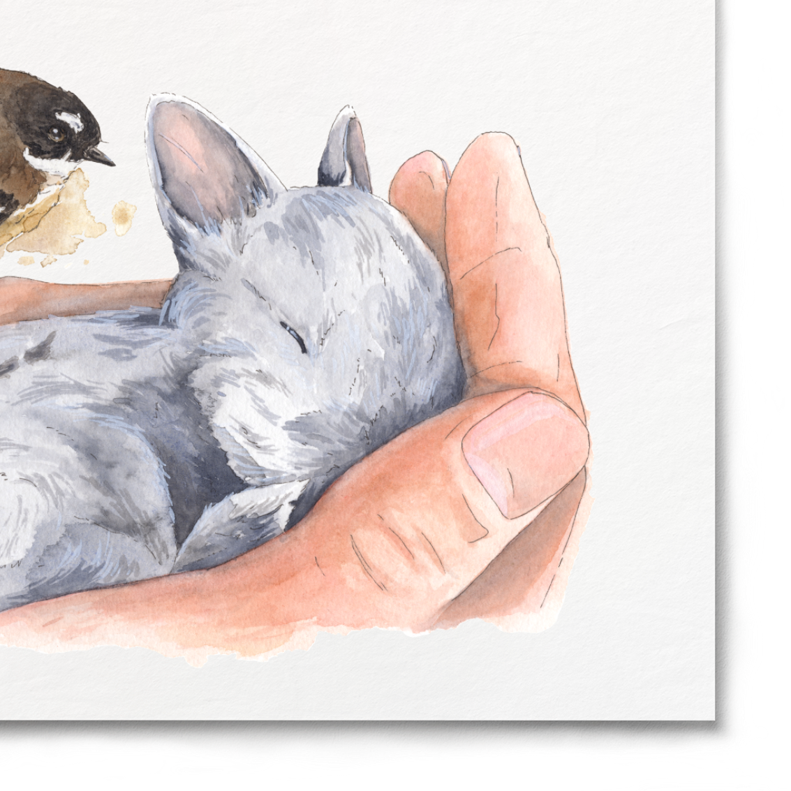 Illustration of a hand holding a rabbit with a bird on a white background