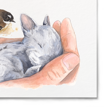 Illustration of a hand holding a rabbit with a bird on a white background