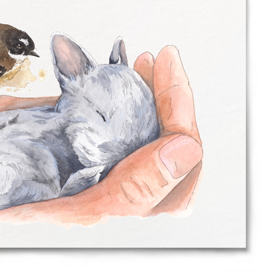 Illustration of a hand holding a rabbit with a bird on a white background