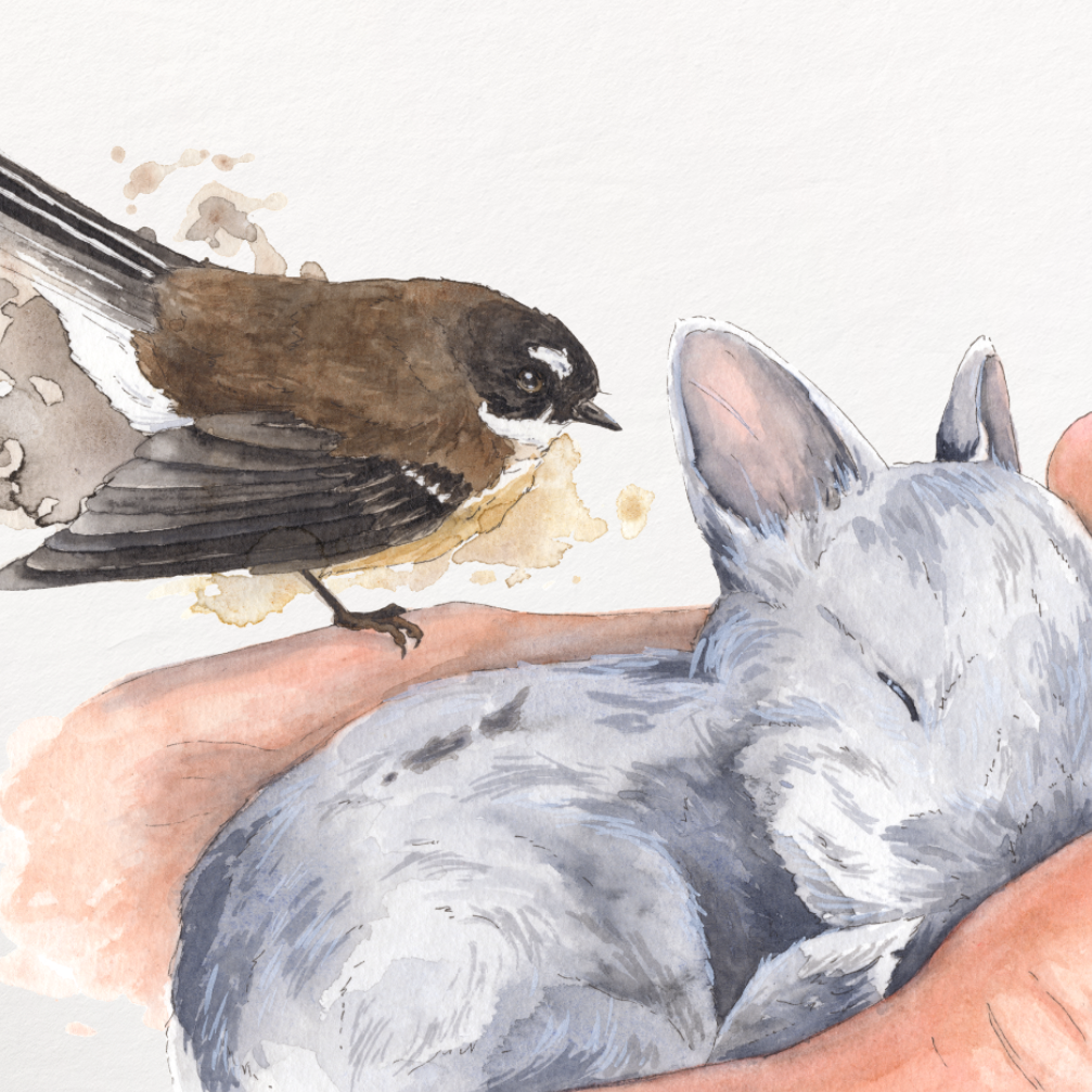 Illustration of a hand holding a rabbit with a bird on a white background