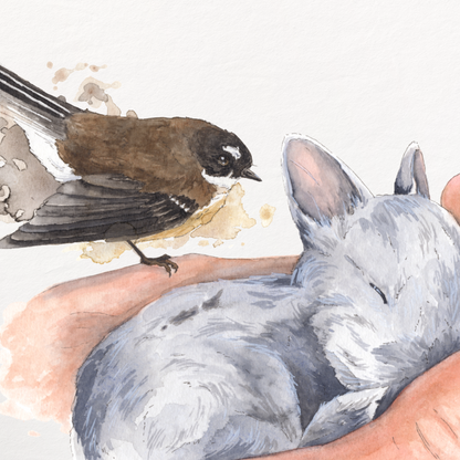 Illustration of a hand holding a rabbit with a bird on a white background
