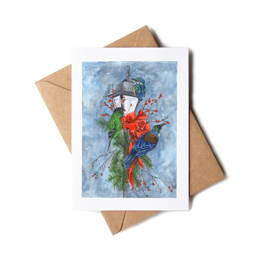 Greeting card with a bird and festive elements on a white background