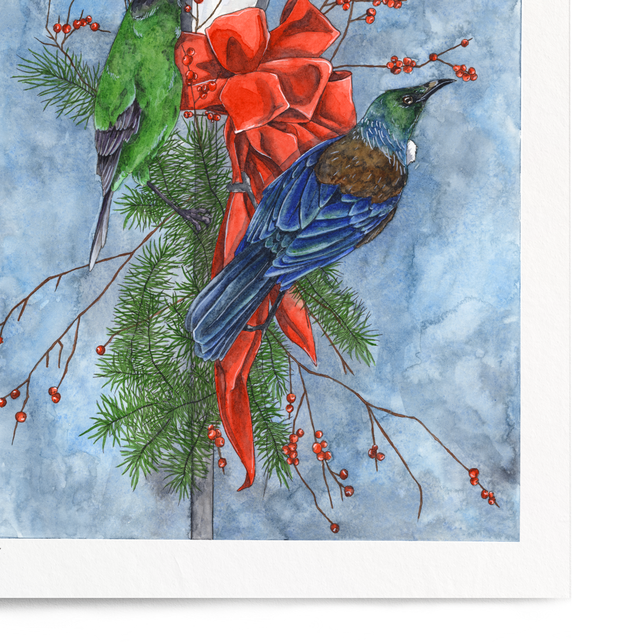 Framed artwork of two birds perched on a lamp post with a red bow, against a blue watercolor background.