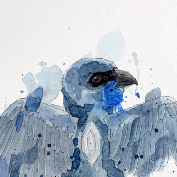 Artistic depiction of a bird with blue and gray colors on a white background