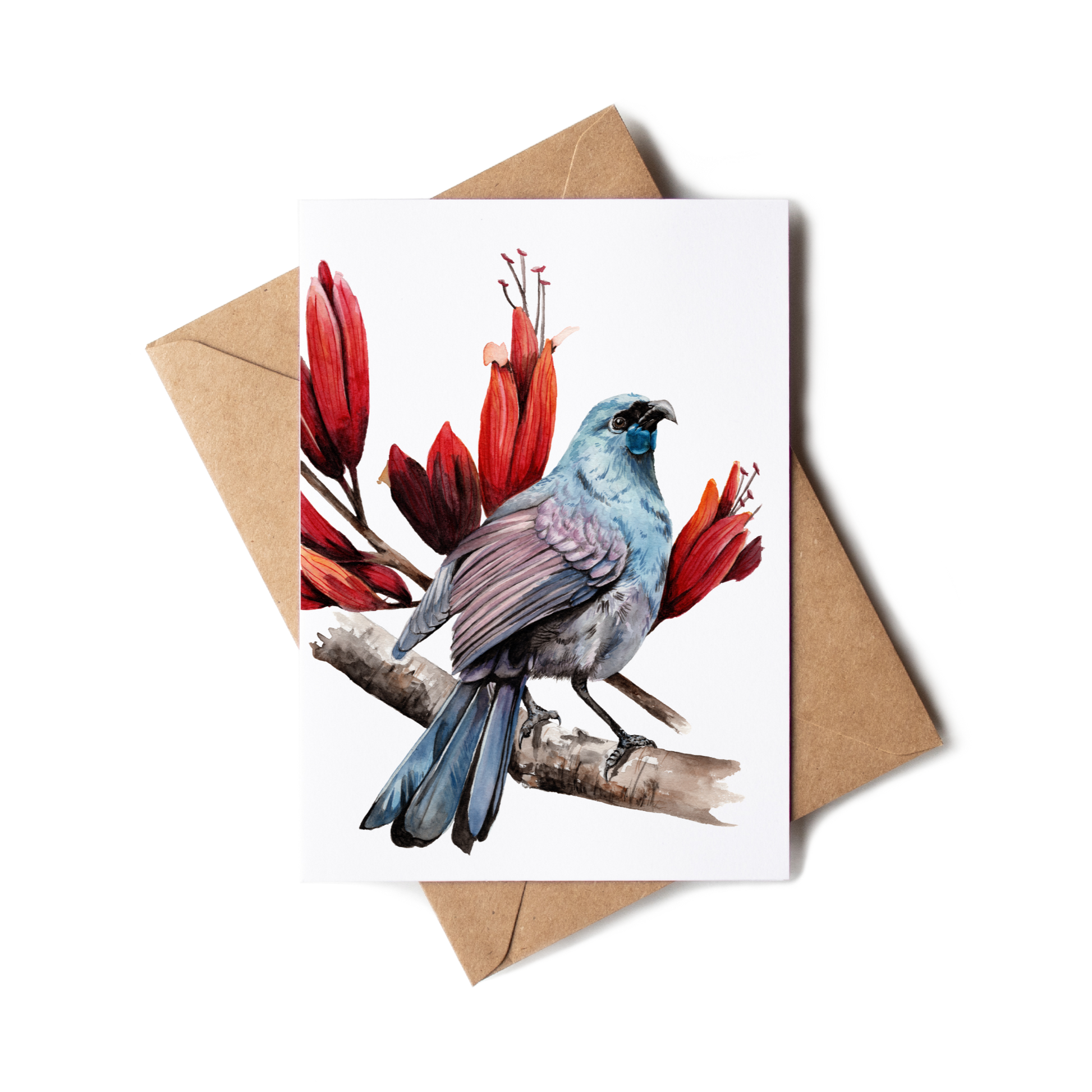 Greeting card with a bird and red flowers on a white background